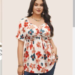 BloomChic Plus Size XL Ditsy Floral Twist Front Puff Sleeve Blouse us14-16